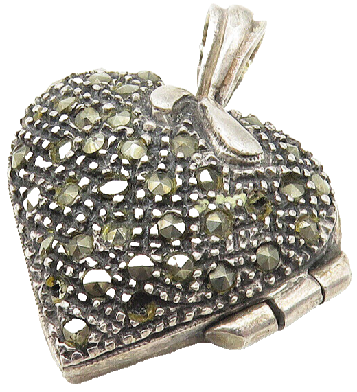 925 Sterling Silver  Vintage Marcasite Heart Locket Pendant (OPENS)  PT7999