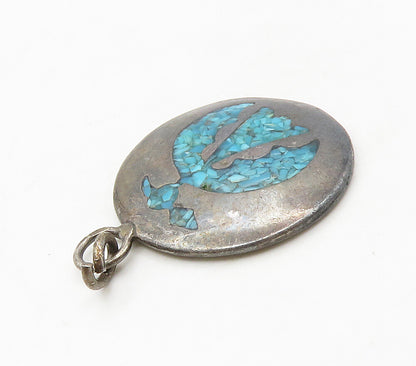 925 Sterling Silver Vintage Inlaid Turquoise Round Pendant PT13023