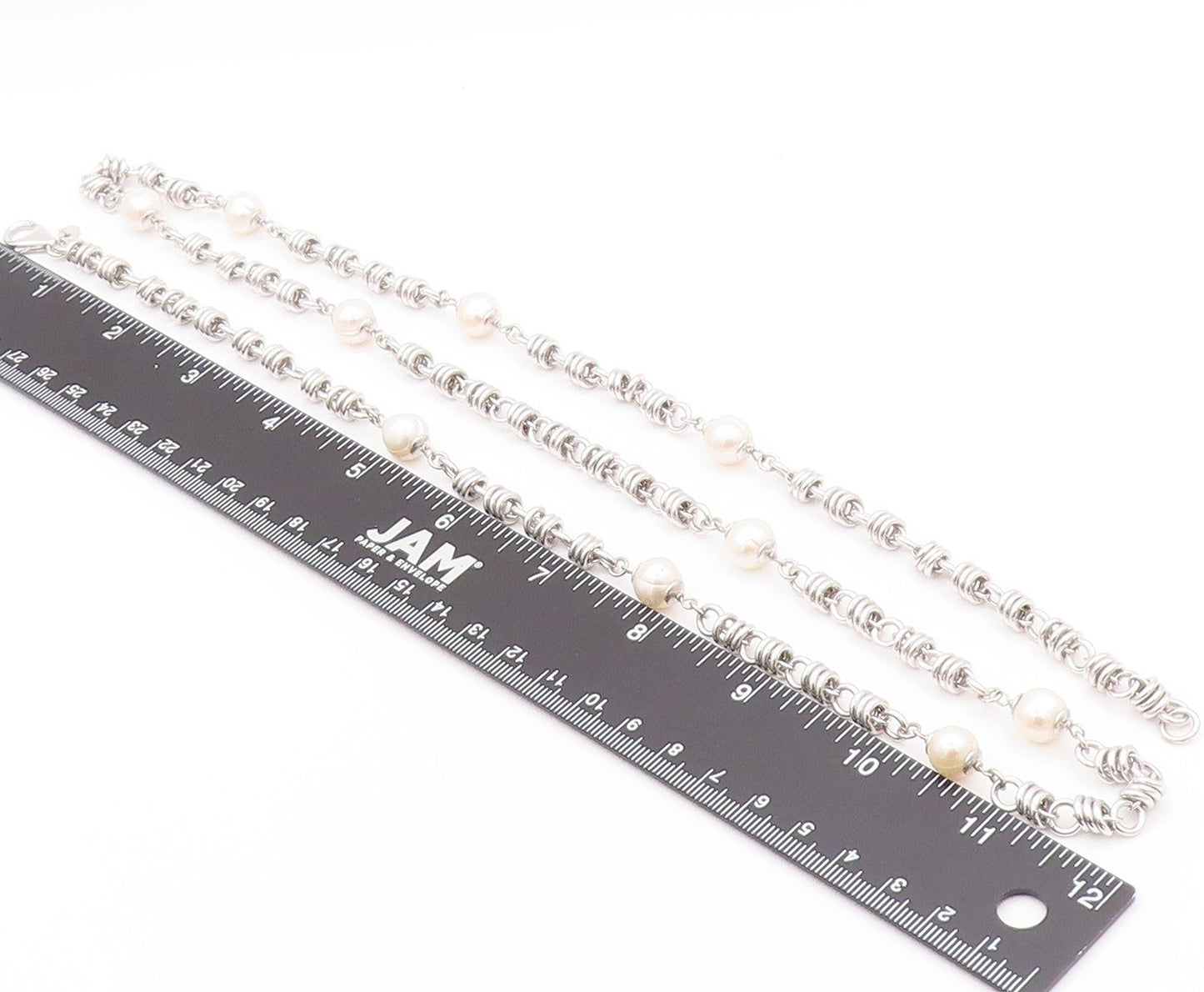 925 Sterling Silver Vintage Necklace Modernist Ring Chain Pearls Linked  NE4562