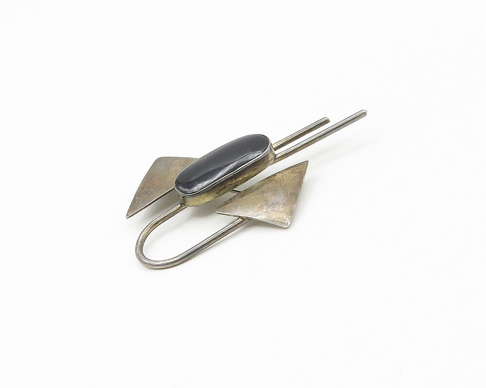 MEXICO 925 Sterling Silver Vintage Black Onyx Modernist Brooch Pin BP6885
