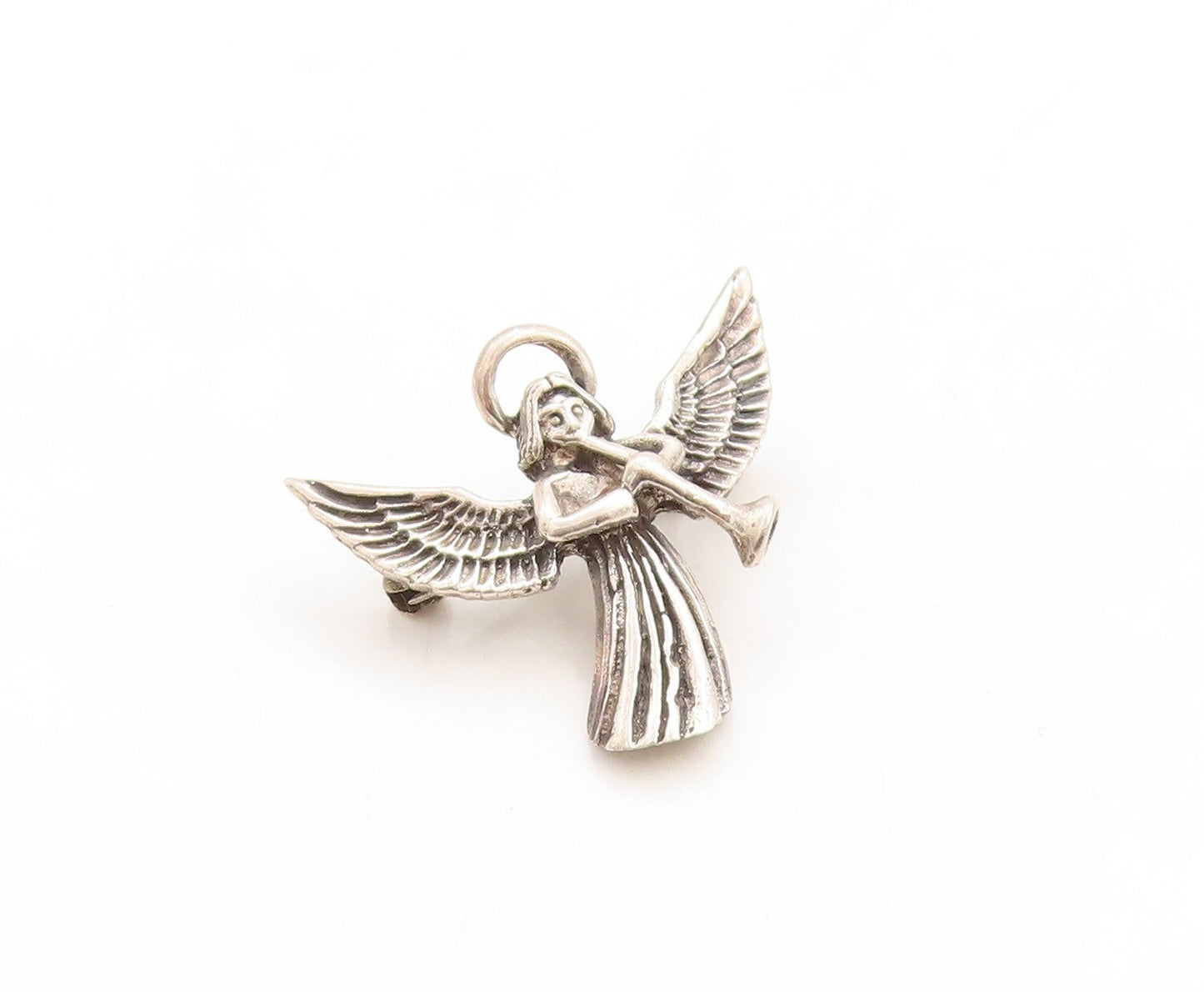 925 Sterling Silver Vintage Brooch Pin Dark Tone Angel Playing Music  BP11388