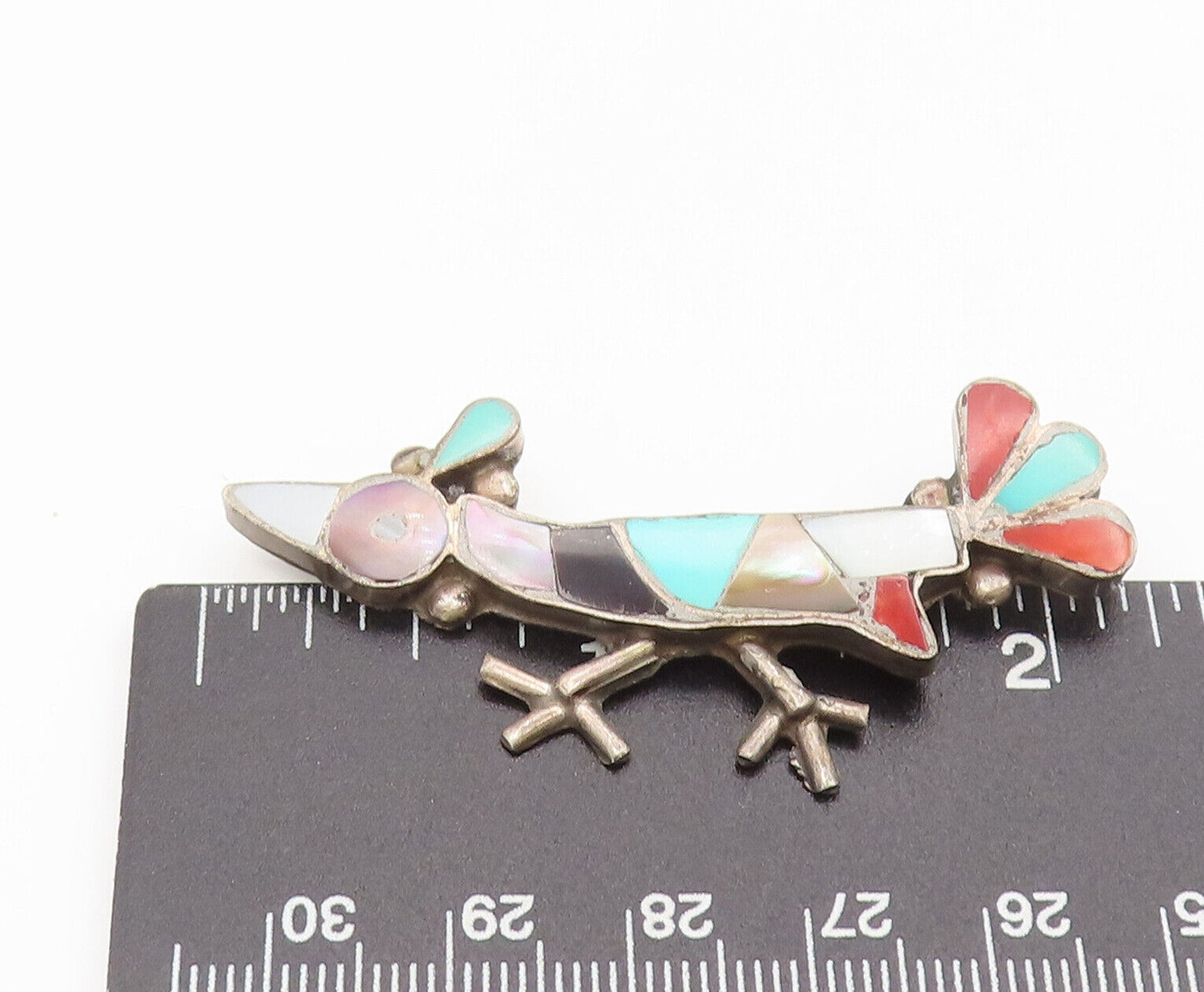 ZUNI NAVAJO 925 Silver - Vintage Inlay Multi Stone Sparrow Brooch Pin - BP10370