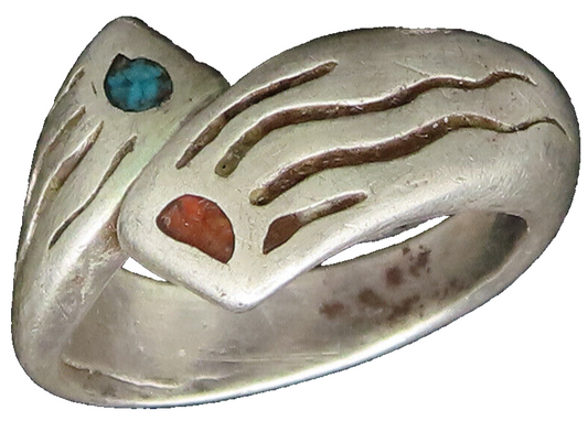 SOUTHWESTERN 925 Silver Vintage Turquoise & Coral Bypass Ring Sz 7 RG25824