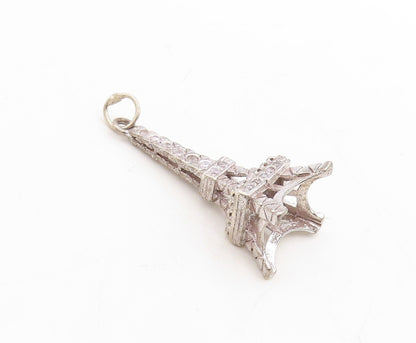 925 Sterling Silver Vintage Pendant Solid Cutout CZ Inlay Eiffel Tower  PT23705