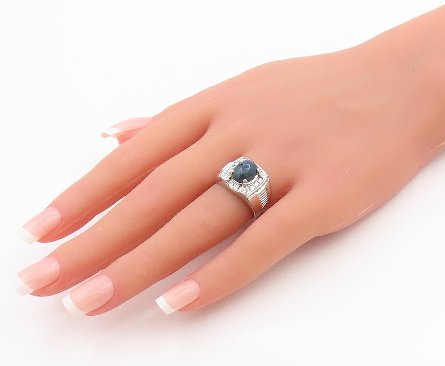 925 Sterling Silver Vintage Ring Oval Opal & Halo CZ Geometric Band Sz 7 RG33925