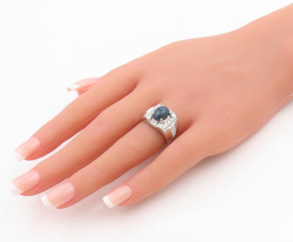 925 Sterling Silver Vintage Ring Oval Opal & Halo CZ Geometric Band Sz 7 RG33925