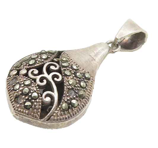 925 Sterling Silver  Vintage Marcasite Swirl Vine Detail Drop Pendant  PT14671