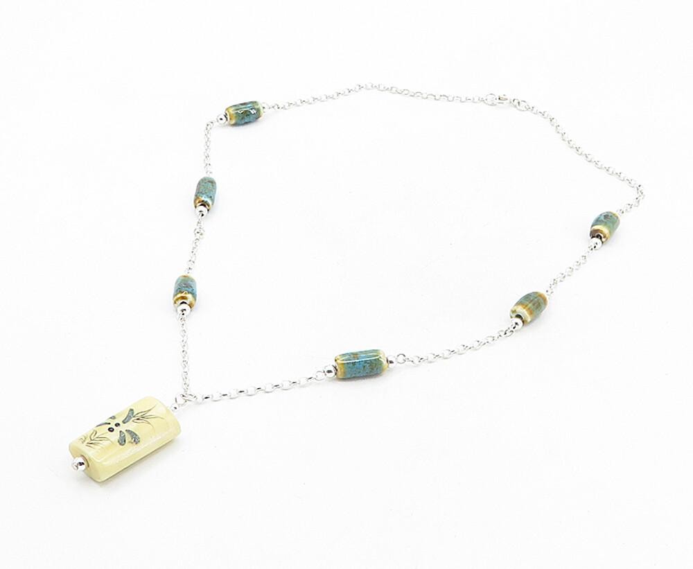 925 Sterling Silver  Vintage Jasper Barrel Bead Shiny Chain Necklace  NE1524