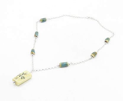 925 Sterling Silver  Vintage Jasper Barrel Bead Shiny Chain Necklace  NE1524