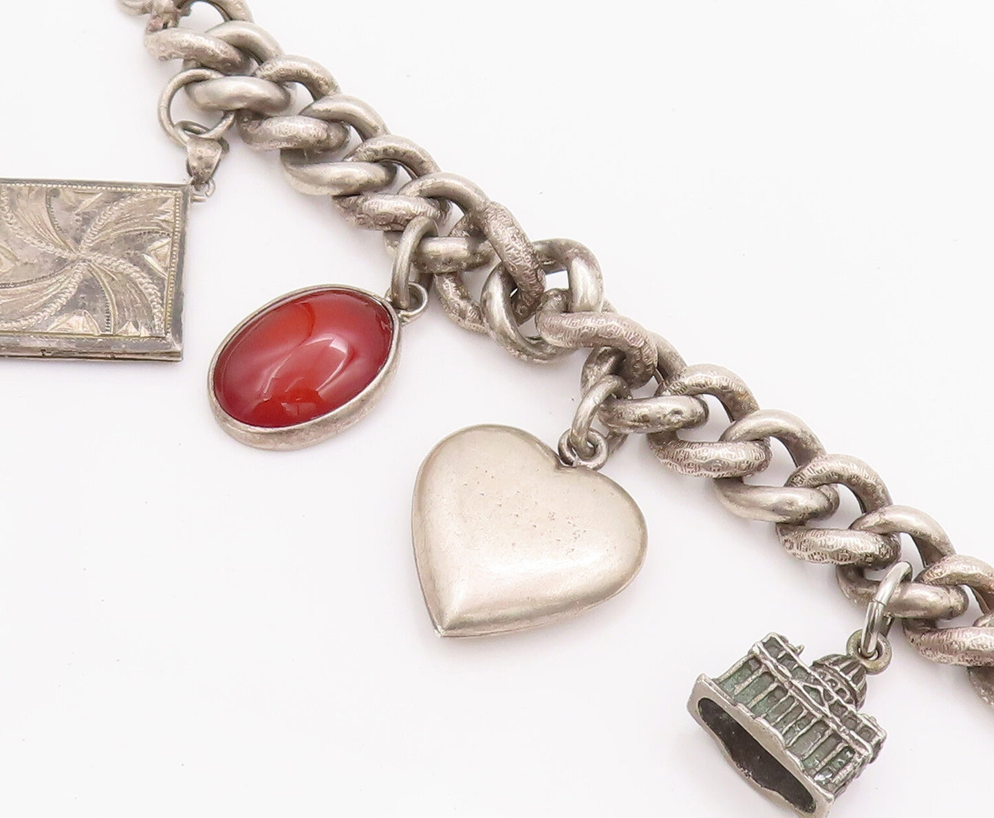 925 Sterling Silver Vintage Bracelet Carnelian & Carved Dangling Charms  BT10210