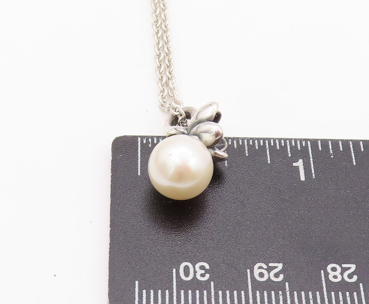 925 Sterling Silver Vintage Necklace PANDORA Pearl & Dark Tone Flower  NE4493