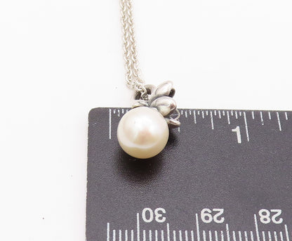 925 Sterling Silver Vintage Necklace PANDORA Pearl & Dark Tone Flower  NE4493