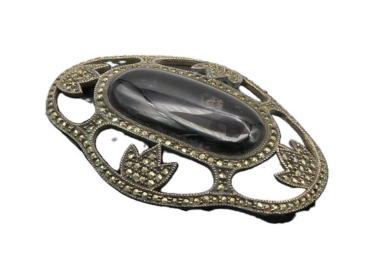 JUDITH JACK 925 Silver  Vintage Black Onyx & Marcasite Brooch Pin  BP3666