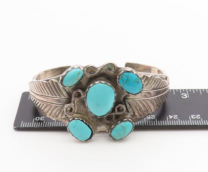 925 Sterling Silver Vintage Bracelet MEXICO Turquoise Etched Leaf Cuff  BT11989