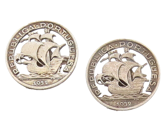 925 Silver  Vintage Antique Portuguese Republic Cutout Ship Cufflinks TR3474