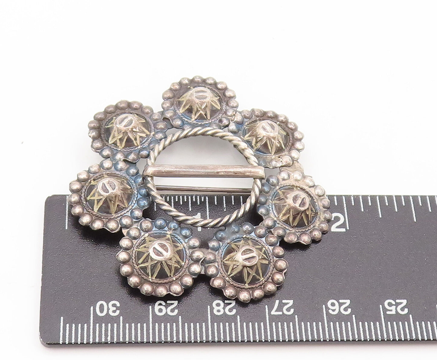 EUROPE 925 Silver  Vintage Antique Beaded Carved Flower Brooch Pin  BP10503