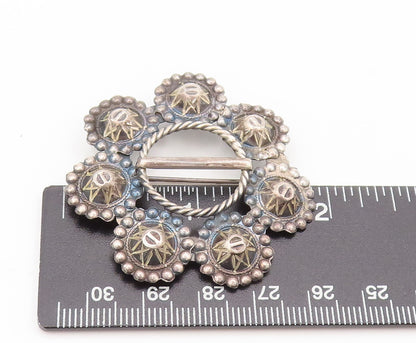 EUROPE 925 Silver  Vintage Antique Beaded Carved Flower Brooch Pin  BP10503