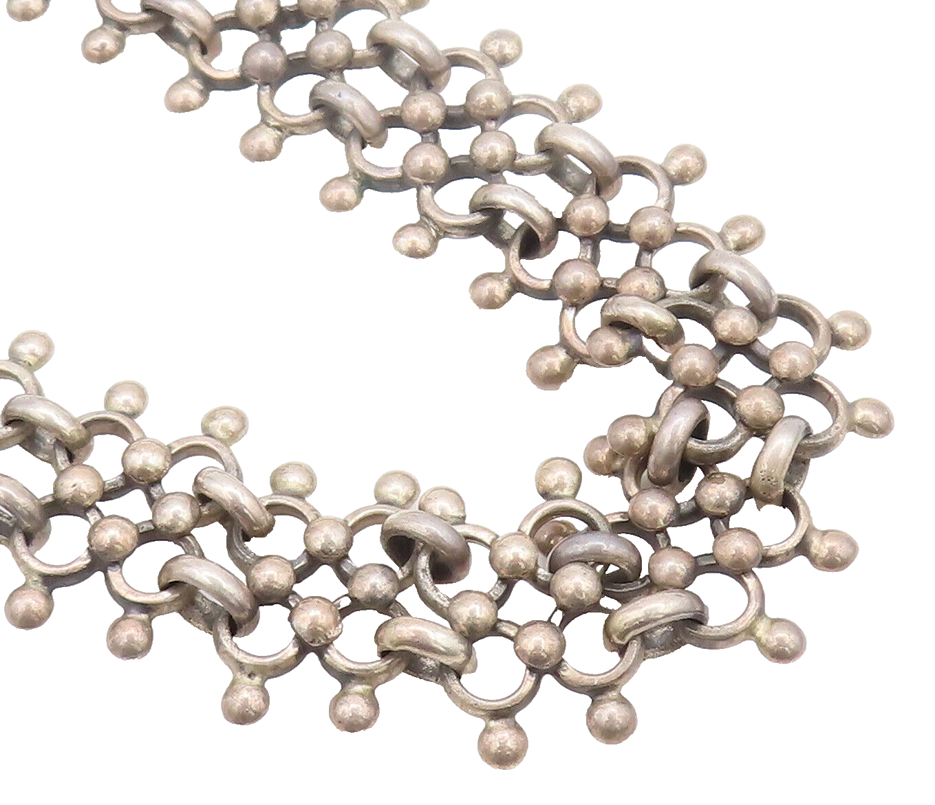 MEXICO 925 Silver  Vintage Beaded Ring Link Double Chain Necklace  NE4052