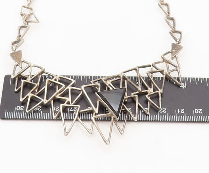 MEXICO 925 Sterling Silver  Vintage Brutalist Triangular Onyx Necklace  NE4196