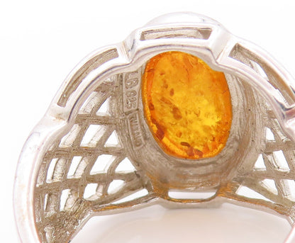 925 Sterling Silver Vintage Ring Net Design Cut Band Honey Amber  Sz 10  RG32698