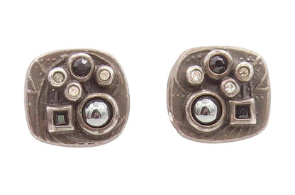 925 Sterling Silver Vintage Earrings Multi Gemstone Geometric Studs  EG14097