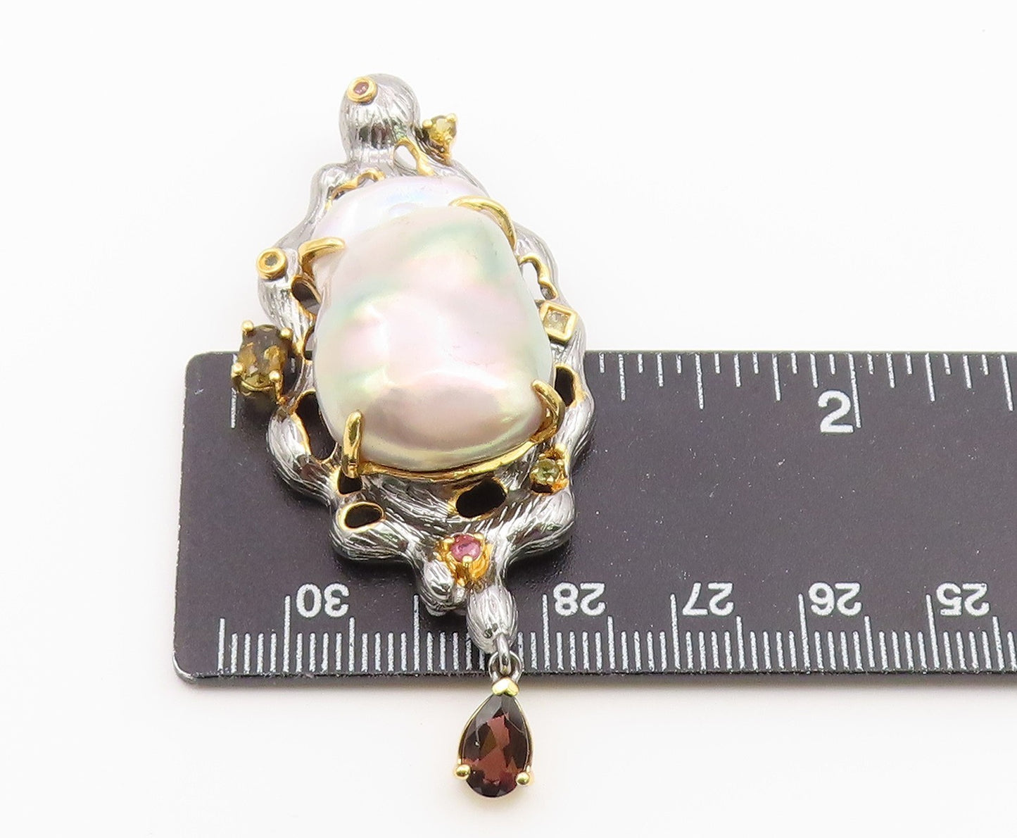 925 Sterling Silver Vintage Brooch Pin Two Tone Pearl & Gemstone Design  BP12642