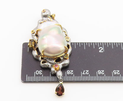 925 Sterling Silver Vintage Brooch Pin Two Tone Pearl & Gemstone Design  BP12642