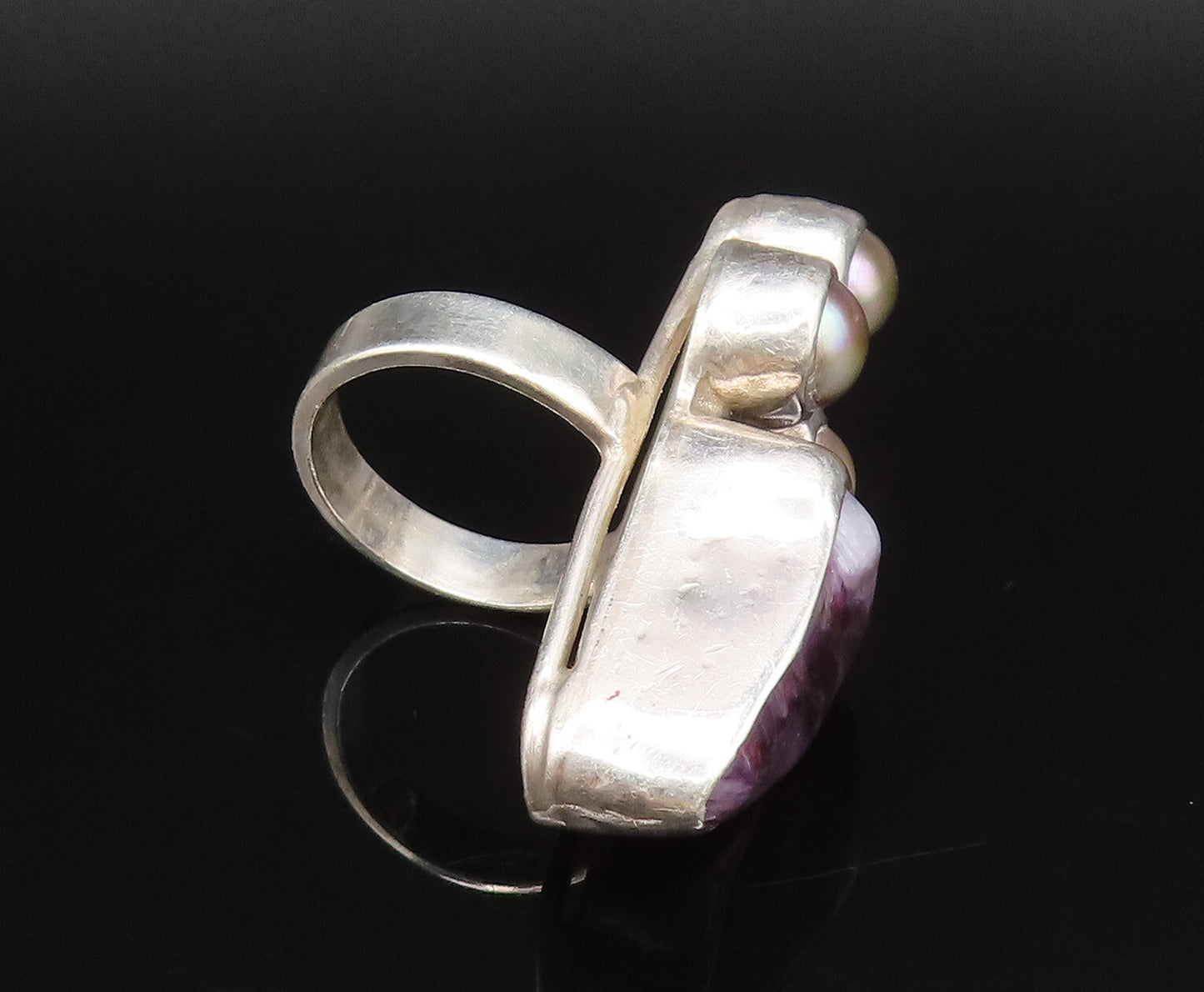 925 Silver  Vintage Mother Of Pearl & Charoite Full Finger Ring Sz 9  RG26054