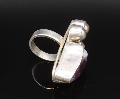 925 Silver  Vintage Mother Of Pearl & Charoite Full Finger Ring Sz 9  RG26054