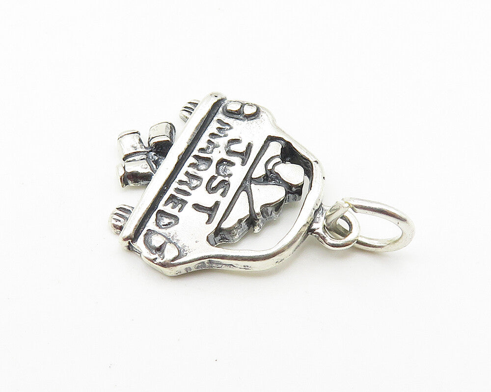925 Sterling Silver  Vintage Shiny Etched Just Married Couple Pendant  PT8192