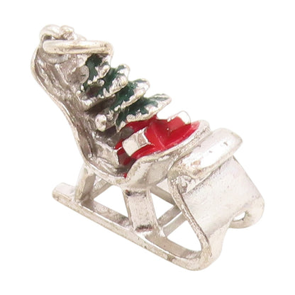 925 Sterling Silver Vintage Pendant Enameled Christmas Sleigh Charm  PT25384