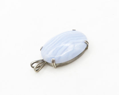925 Sterling Silver  Vintage Cabochon Cut Blue Agate Oval Pendant  PT15429