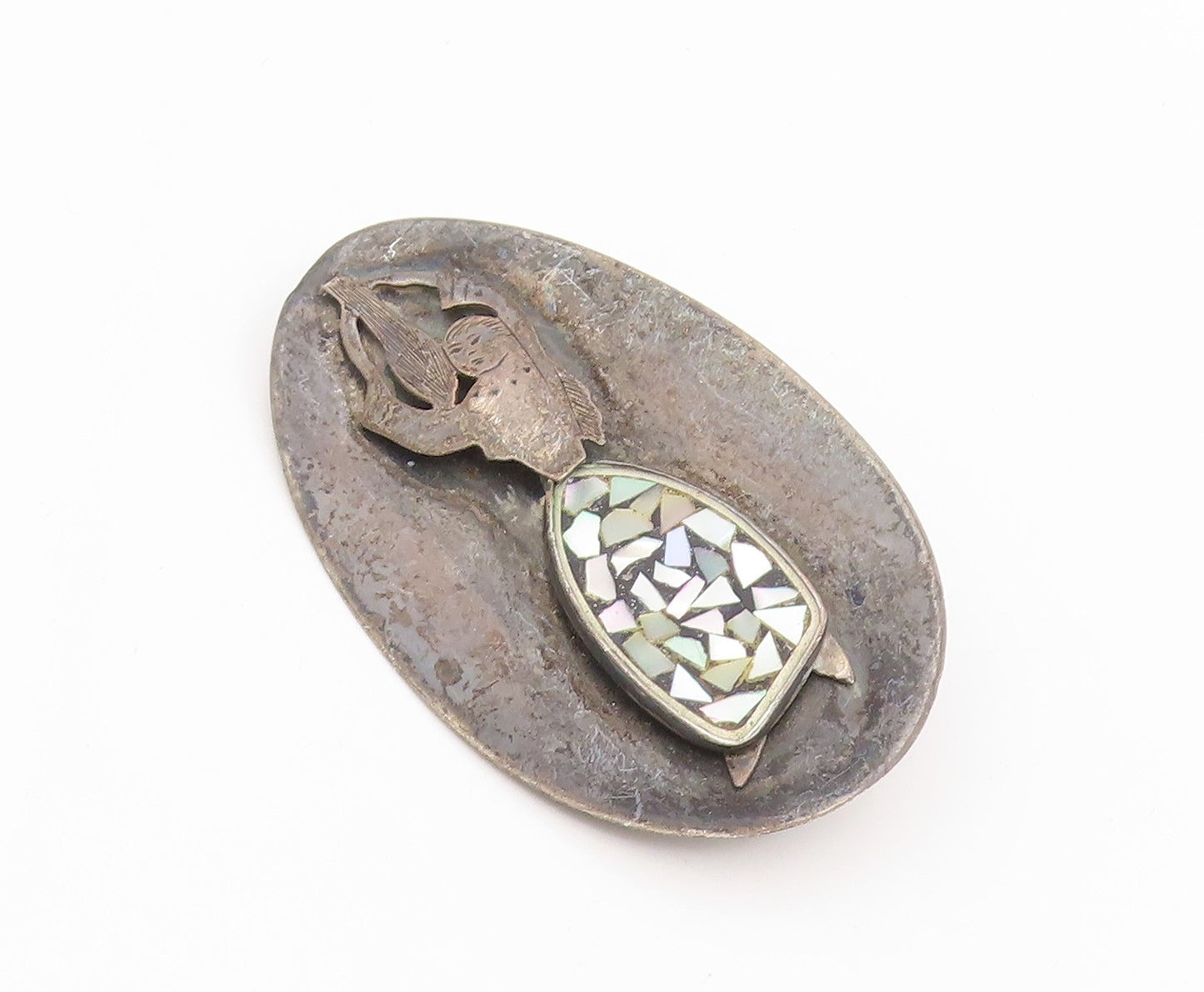 925 Sterling Silver Vintage Brooch ISRAEL Mother Of Pearl Figural Pin  BP12429