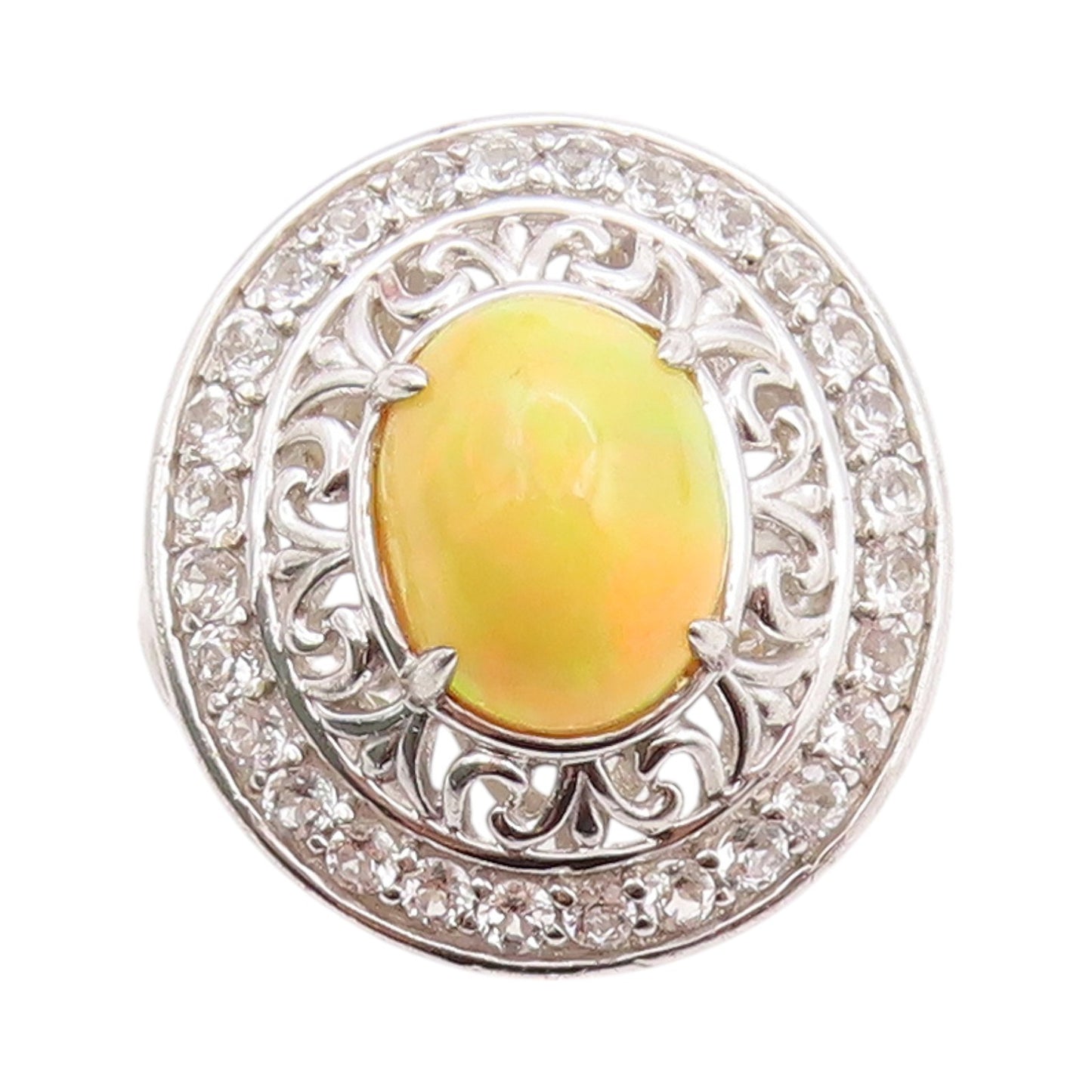 925 Sterling Silver Vintage Ring Oval Fire Opal Halo Topaz Bands  Sz 5  RG32724