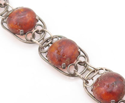925 Sterling Silver Vintage Bracelet POLAND Brutalist Design Large Amber BT10815