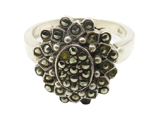 925 Sterling Silver  Vintage Sparkling Marcasite Floral Band Ring Sz 7 RG11567
