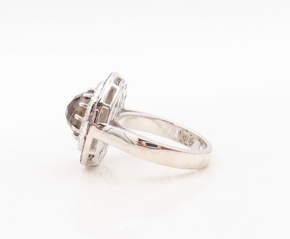 925 Sterling Silver Vintage Ring Smoky Quartz Halo 2 Tone Topaz  Sz 7  RG29992