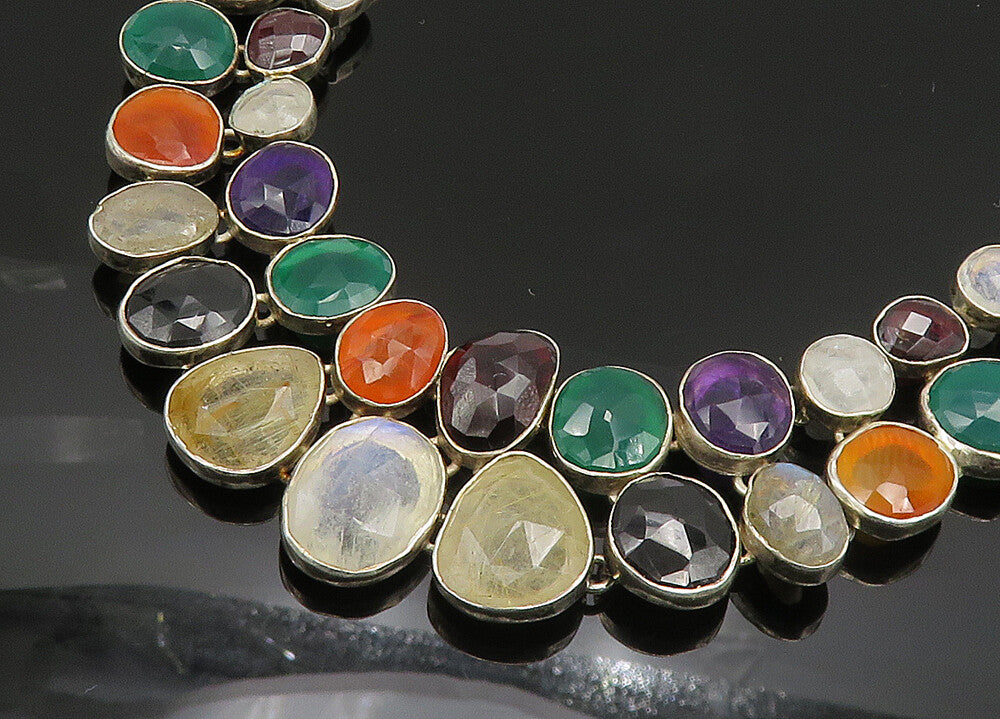 925 Sterling Silver Vintage Moonstone & Multi Stone Chain Necklace NE3331