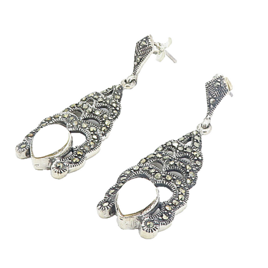 925 Sterling Silver  Vintage Mother Of Pearl & Marcasite Drop Earrings  EG3346