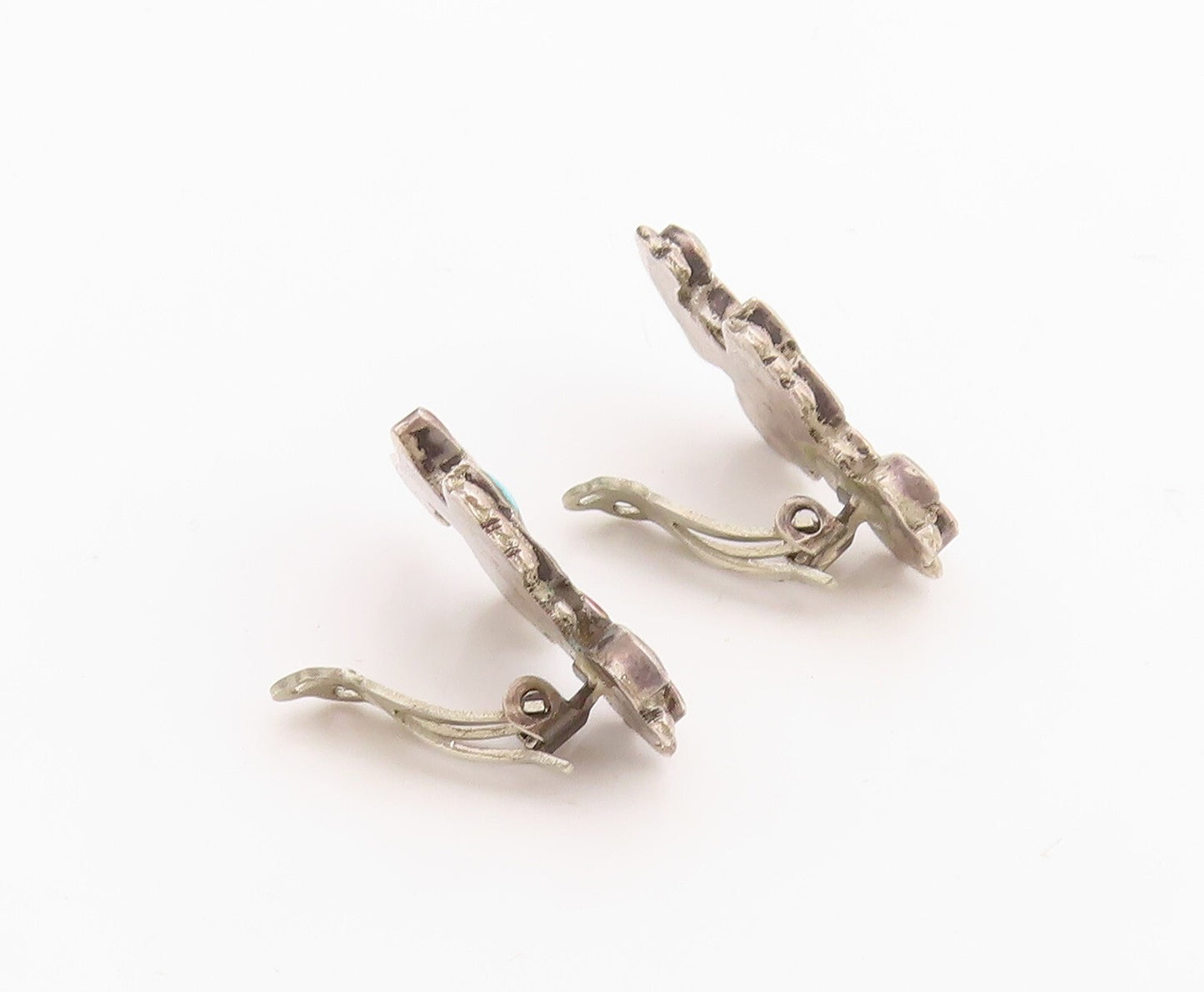 925 Sterling Silver Vintage Earrings ZUNI NAVAJO Gemstone Inlay Bird  EG13241