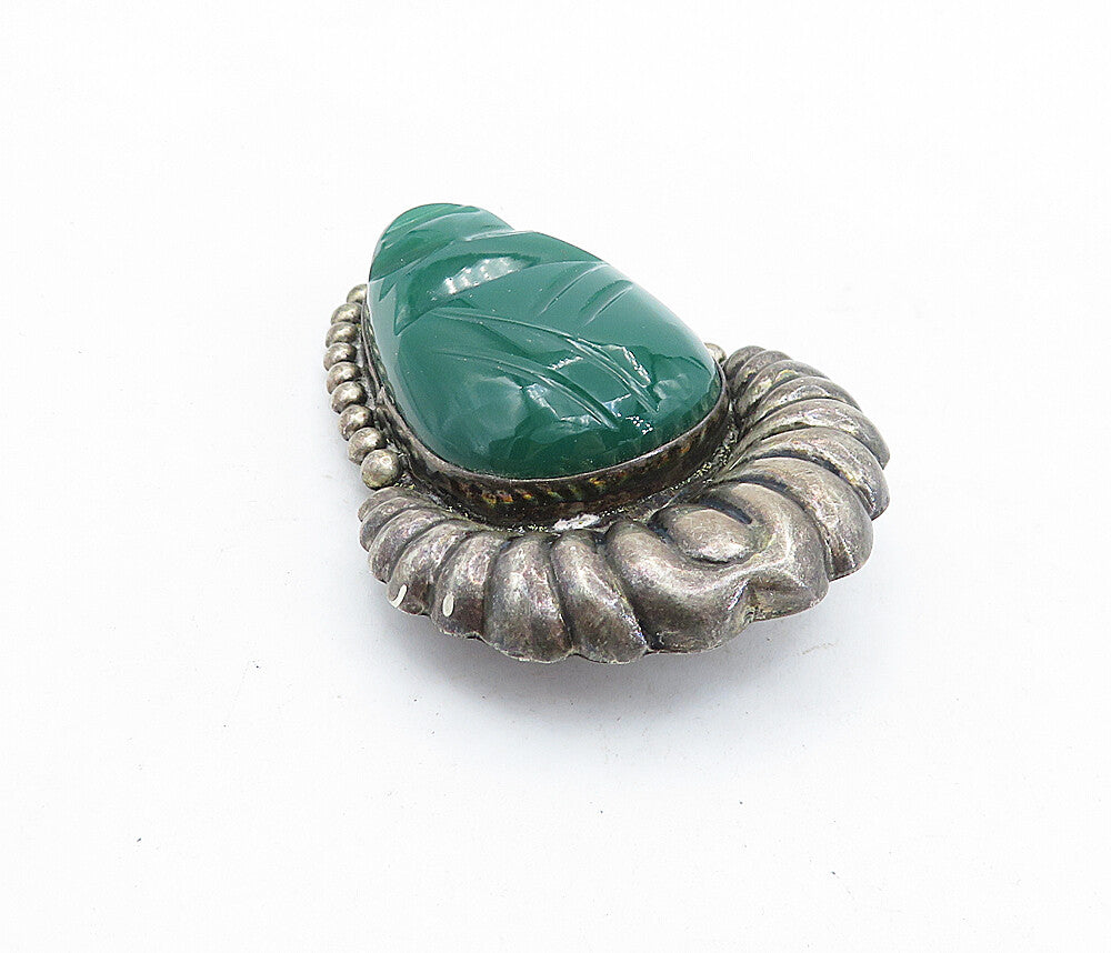 MEXICO 925 Sterling Silver  Vintage Green Onyx Carved Face Brooch Pin  BP2106