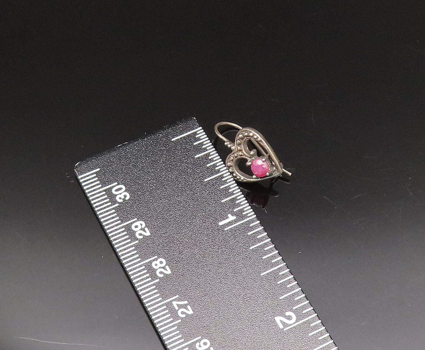 925 Silver  Vintage Antique Beaded Open Ruby Love Heart Earrings  EG11959