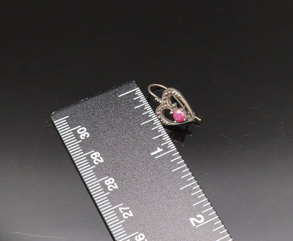 925 Silver  Vintage Antique Beaded Open Ruby Love Heart Earrings  EG11959