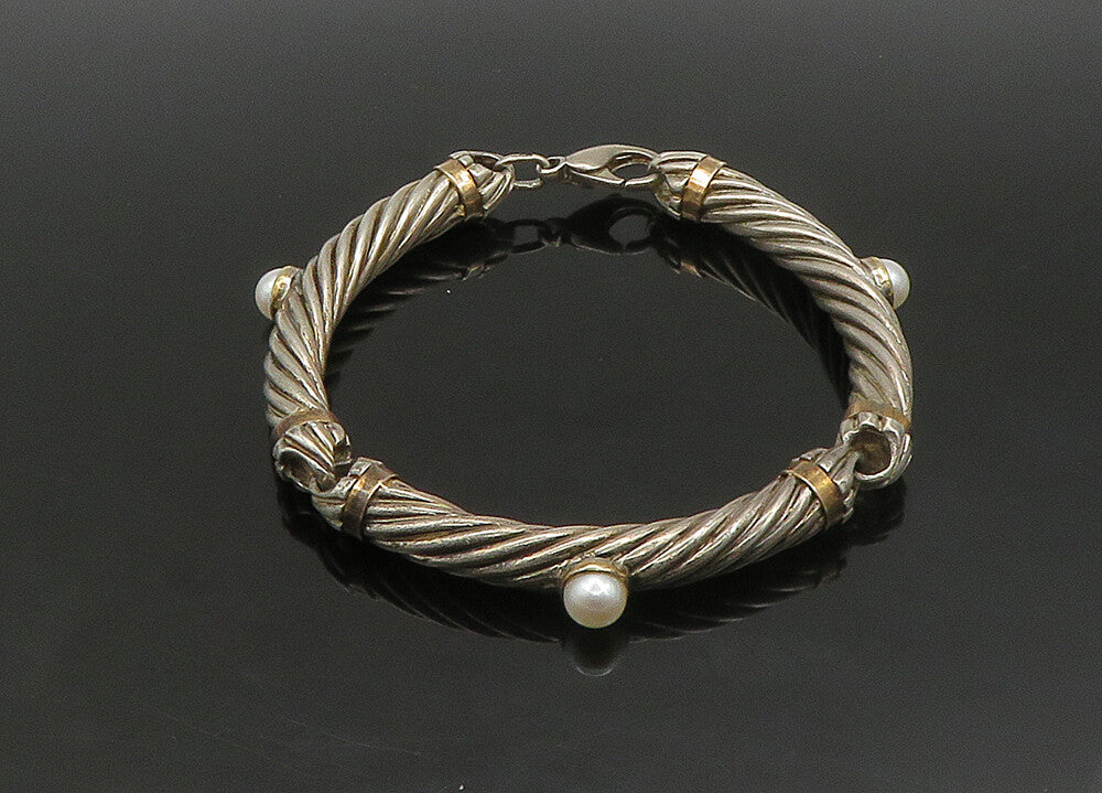 925 Silver & 14K GOLD  Vintage Cultured Pearls Twist Chain Bracelet  BT9083
