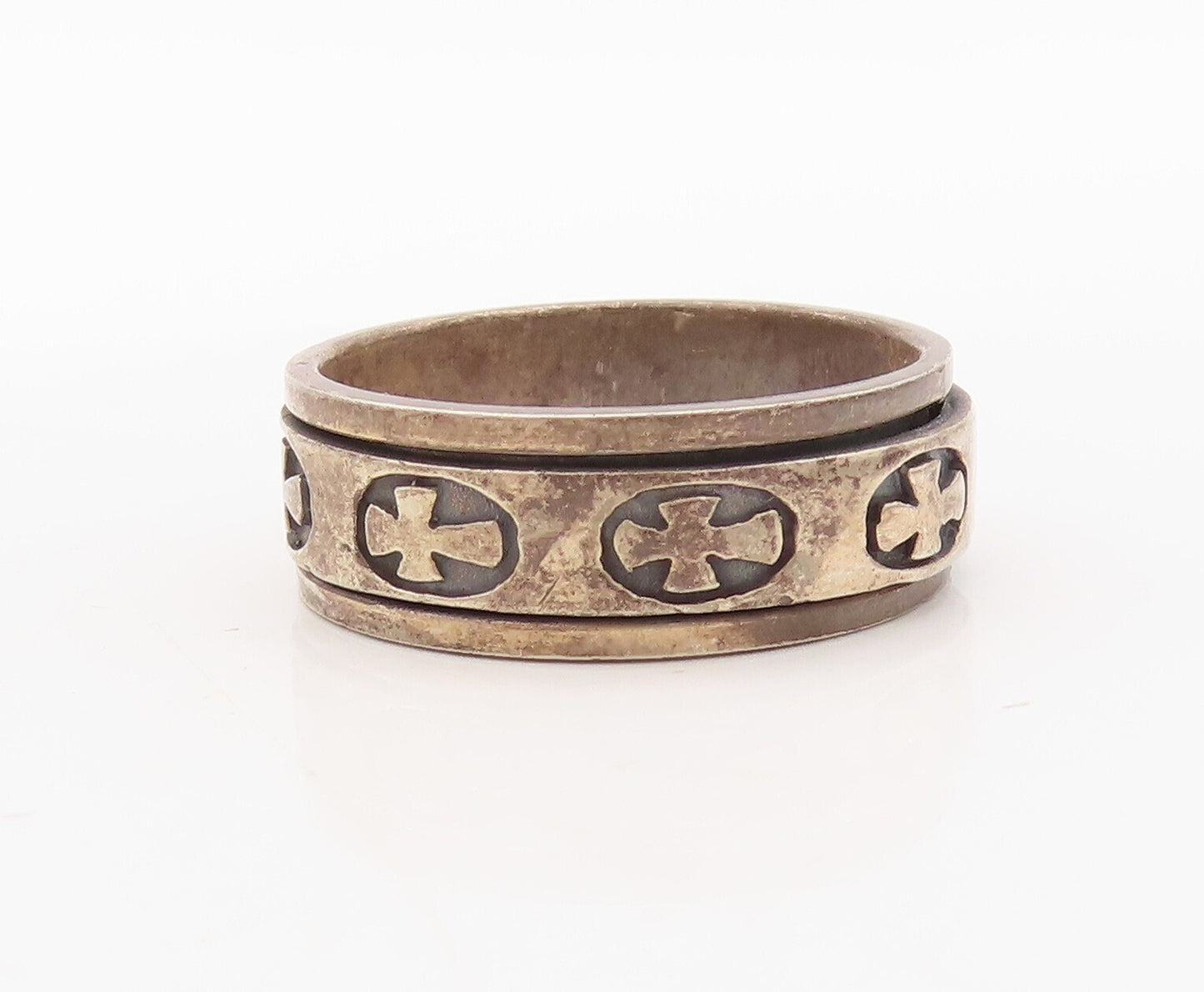 925 Sterling Silver Vintage Ring Dark Tone Solid '+' Carved  Sz 13.5  RG31157