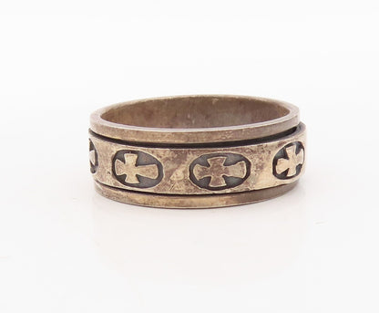 925 Sterling Silver Vintage Ring Dark Tone Solid '+' Carved  Sz 13.5  RG31157