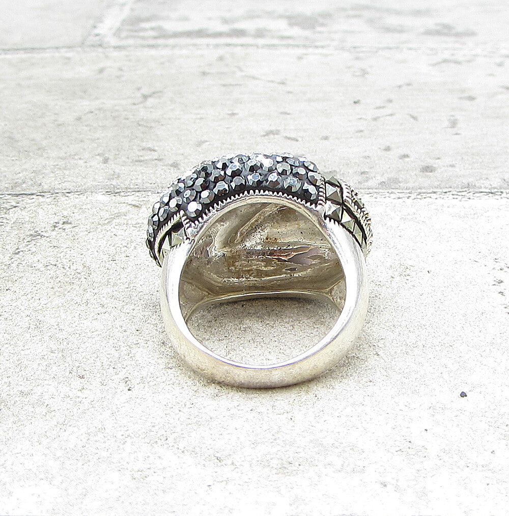 925 Sterling Silver  Crystals & Marcasite Cluster Oval Band Ring Sz 6  RG1564