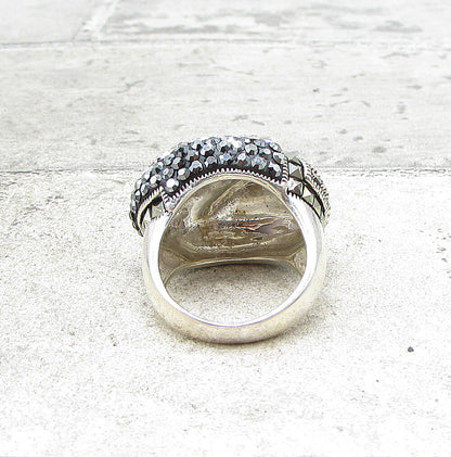 925 Sterling Silver  Crystals & Marcasite Cluster Oval Band Ring Sz 6  RG1564