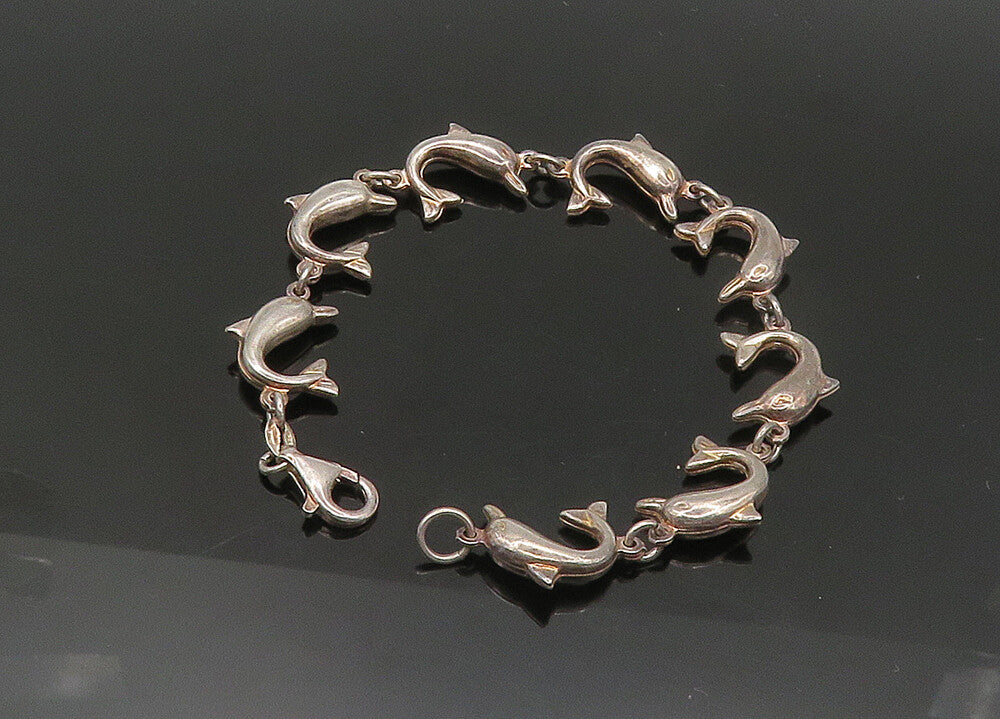 925 Sterling Silver  Vintage Dark Tone Dolphin Motif Chain Bracelet  BT8426