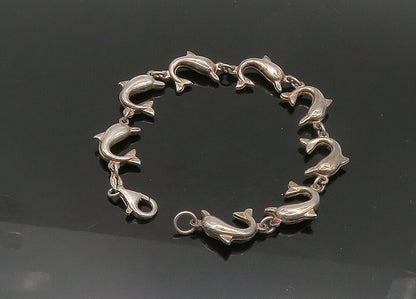 925 Sterling Silver  Vintage Dark Tone Dolphin Motif Chain Bracelet  BT8426